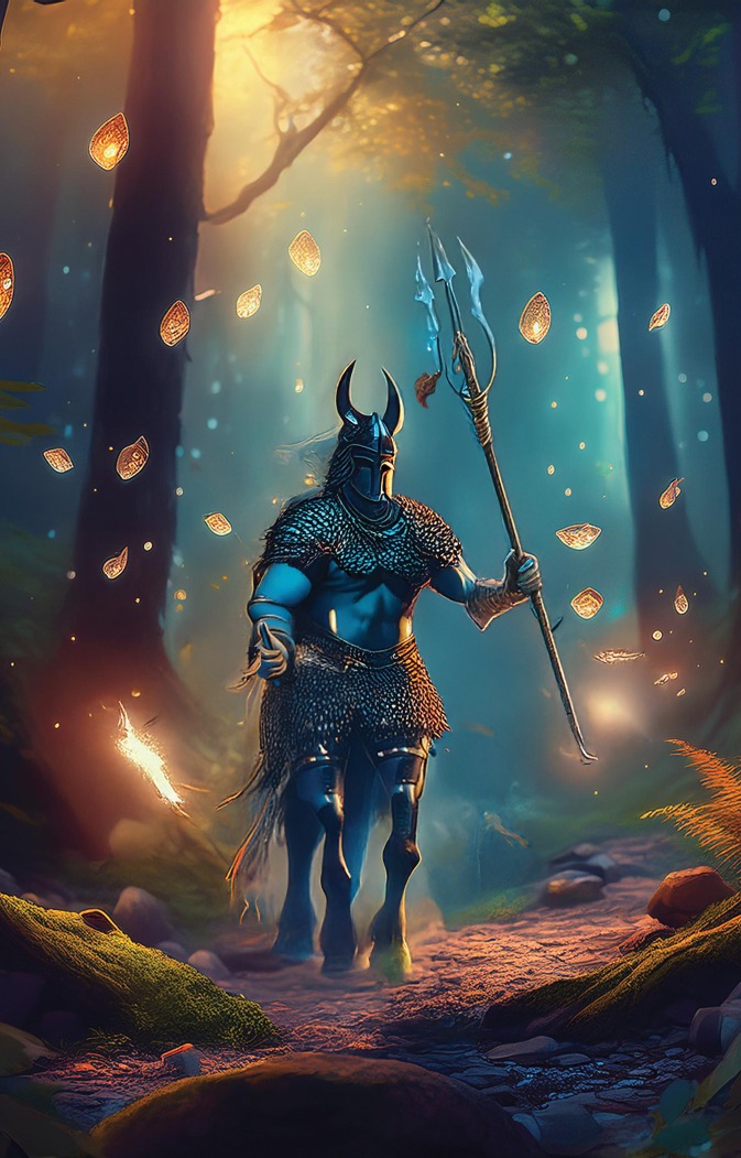 Fantastyczna postać centaura w zbroi i hełmie z rogami, trzymająca trójząb w lesie, otoczona unoszącymi się, świecącymi liśćmi.
