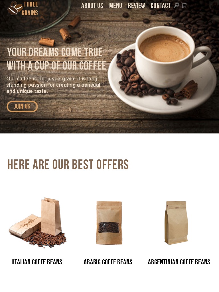 Kompozycja reklamowa: filiżanka kawy na spodeczku otoczona ziarnami kawy, drewniane tło, oferta trzech rodzajów kawy w papierowych opakowaniach: włoskiej, arabskiej i argentyńskiej.