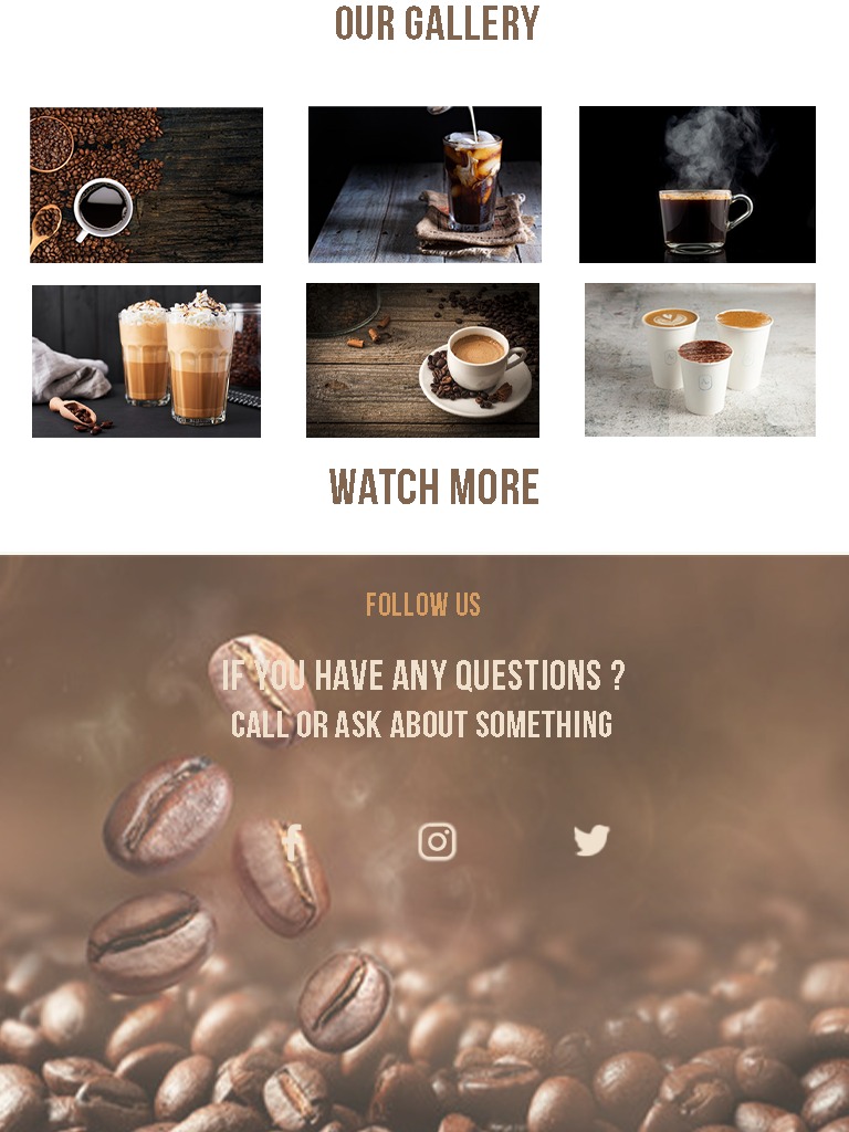 Galeria zdjęć kawy, prezentująca różne ujęcia i rodzaje napojów kawowych, od espresso po latte, z elementami dekoracyjnymi z ziaren kawy, zachęcająca do kontaktu z firmą z Milówki w celu uzyskania...