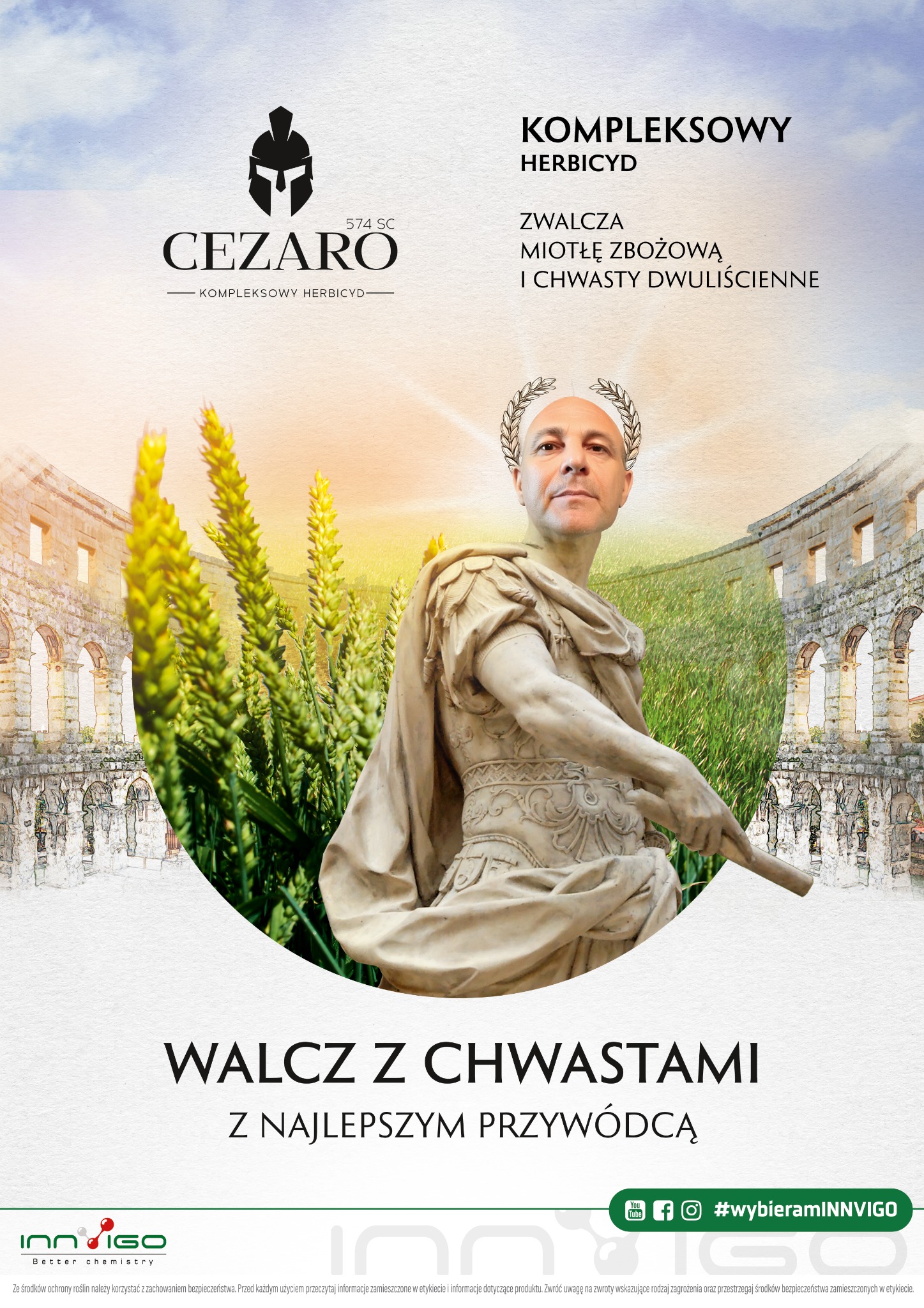 Grafika reklamowa herbicydu Cezaro z motywem rzymskim: statua w todze z wieńcem laurowym na głowie, kłosy zbóż, rzymskie ruiny w tle, hasło 'Walcz z chwastami z najlepszym przywódcą'.