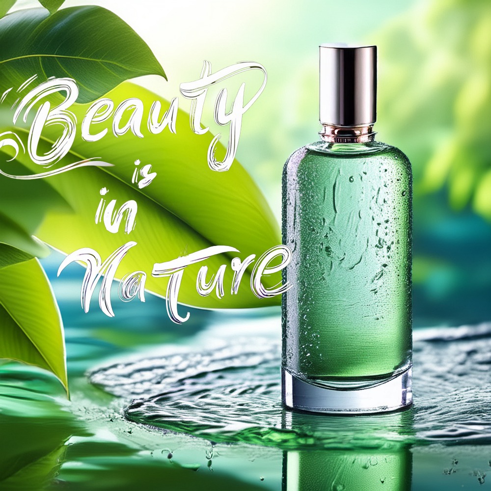 Flakon zielonych perfum z kroplami wody na tle rozmytych liści i napisu 'Beauty is in Nature'.