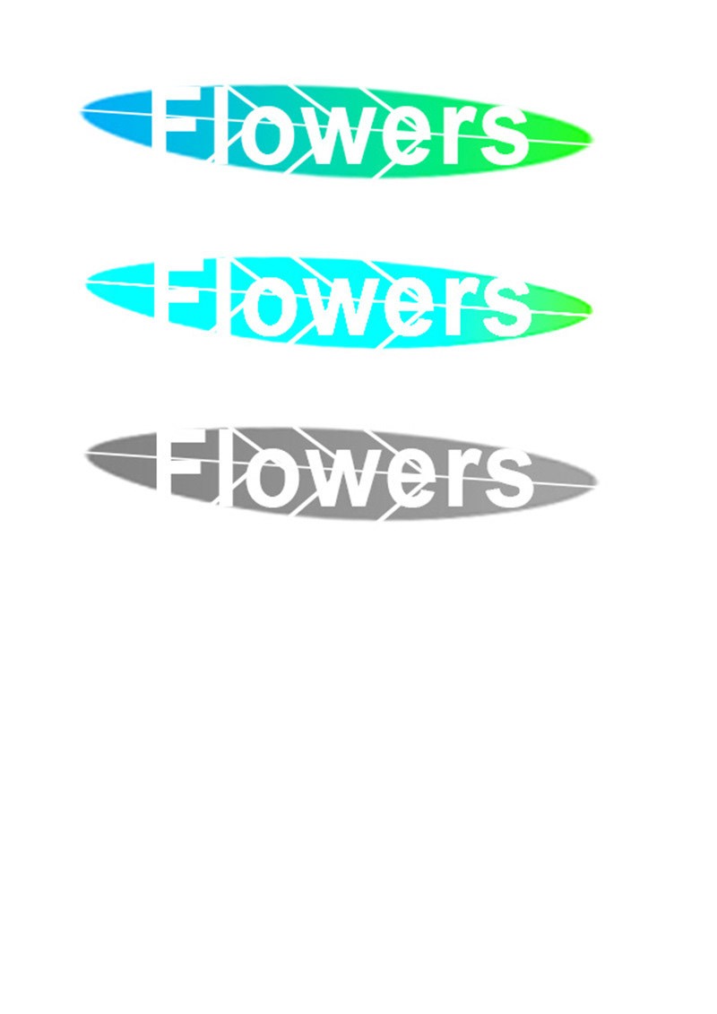 Trzy abstrakcyjne logotypy z gradientem kolorów i napisem 'Flowers' na białym tle. Górny logotyp w odcieniach zieleni i błękitu, środkowy w odcieniach błękitu, dolny w odcieniach szarości.