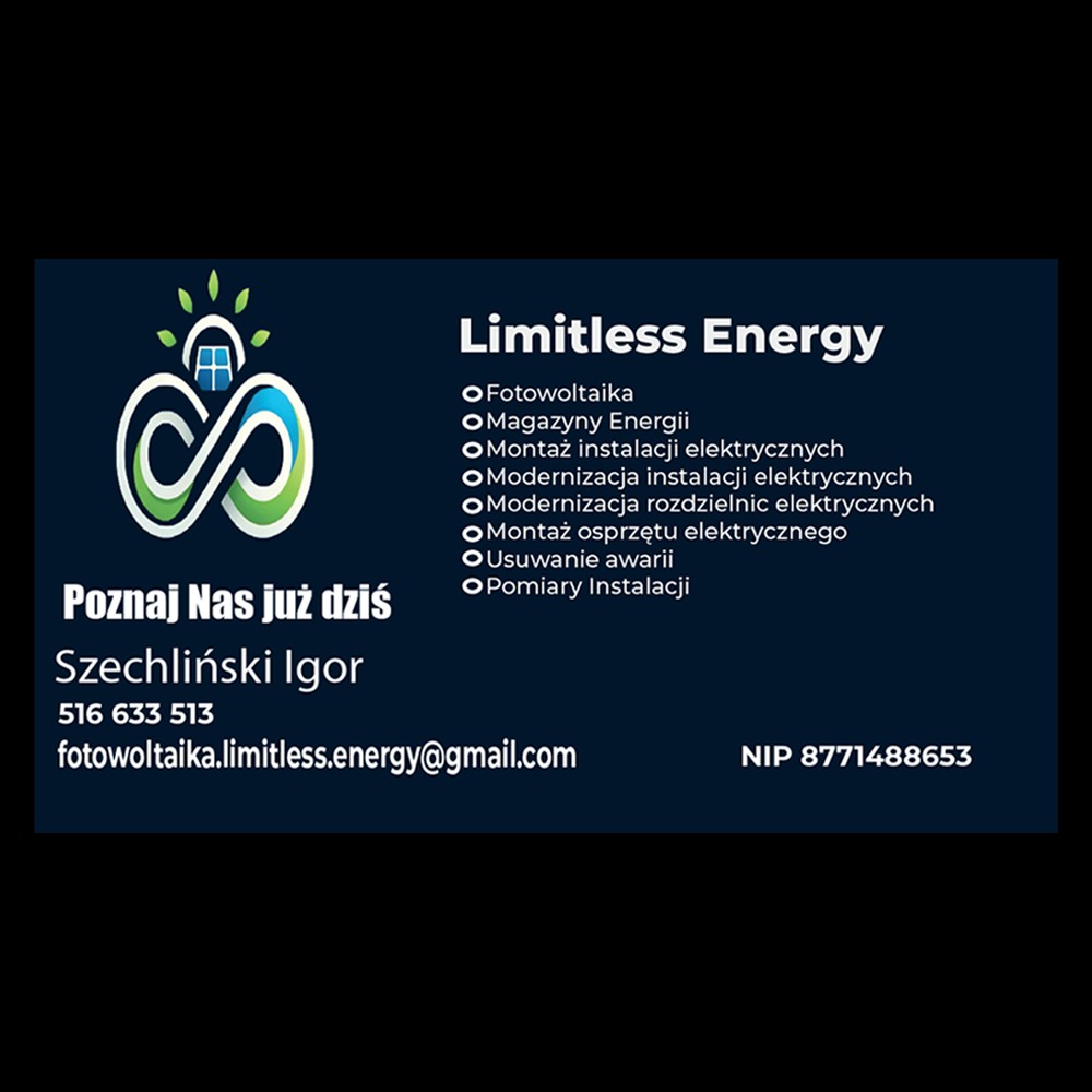 Wizytówka firmy Limitless Energy oferującej usługi fotowoltaiczne, montaż i modernizację instalacji elektrycznych oraz pomiary instalacji, z logo przedstawiającym symbol nieskończoności...