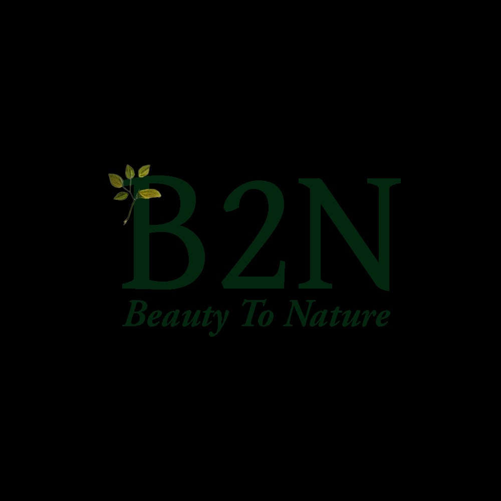 Logo firmy B2N Beauty To Nature z motywem liści w kolorze ciemnej zieleni na czarnym tle.