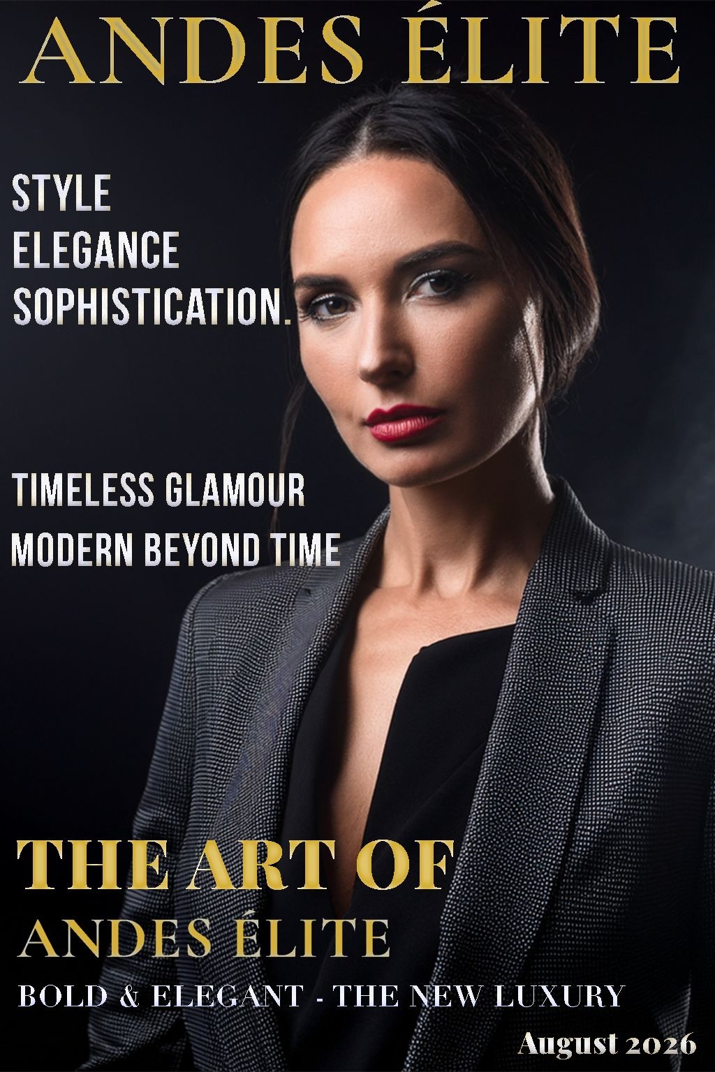 Okładka magazynu 'Andes Élite' z elegancką kobietą w marynarce na czarnym tle. Napisy w kolorze złotym i białym. Styl, elegancja, wyrafinowanie.