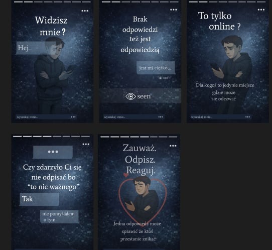 Seria ilustracji w odcieniach szarości przedstawiająca samotnego mężczyznę z telefonem, z tekstami o braku odpowiedzi i poczuciu osamotnienia w świecie online.