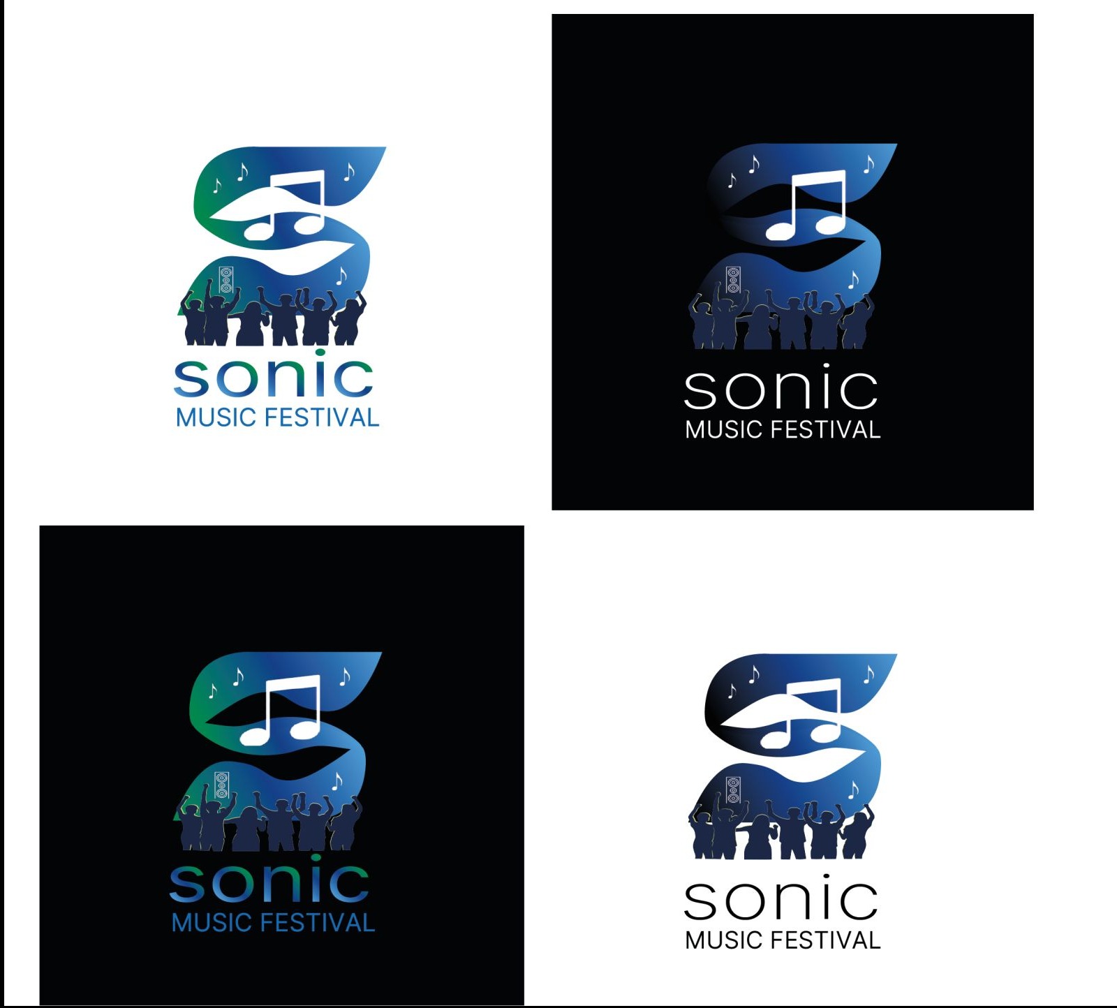 Cztery warianty logo Sonic Music Festival: zielono-niebieski na białym, niebieski na czarnym i odwrotnie. Stylizowana litera S z nutą i sylwetkami publiczności.
