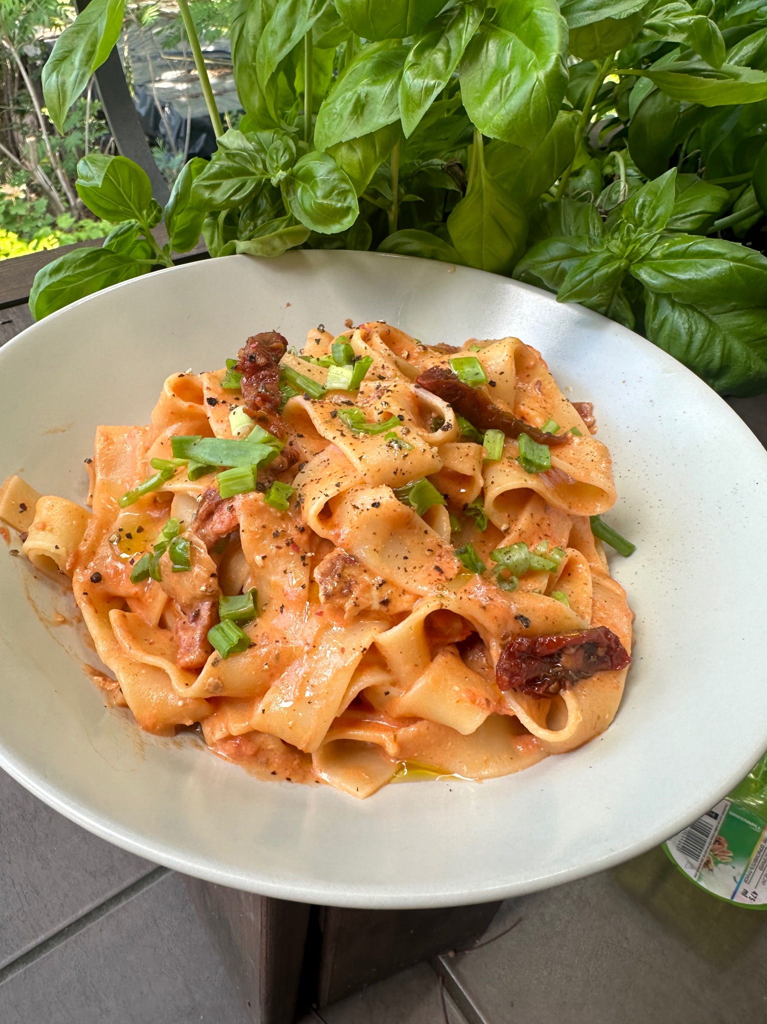 Pappardelle w kremowym sosie pomidorowym z suszonymi pomidorami i szczypiorkiem, podane w białej misce na tle bazylii.