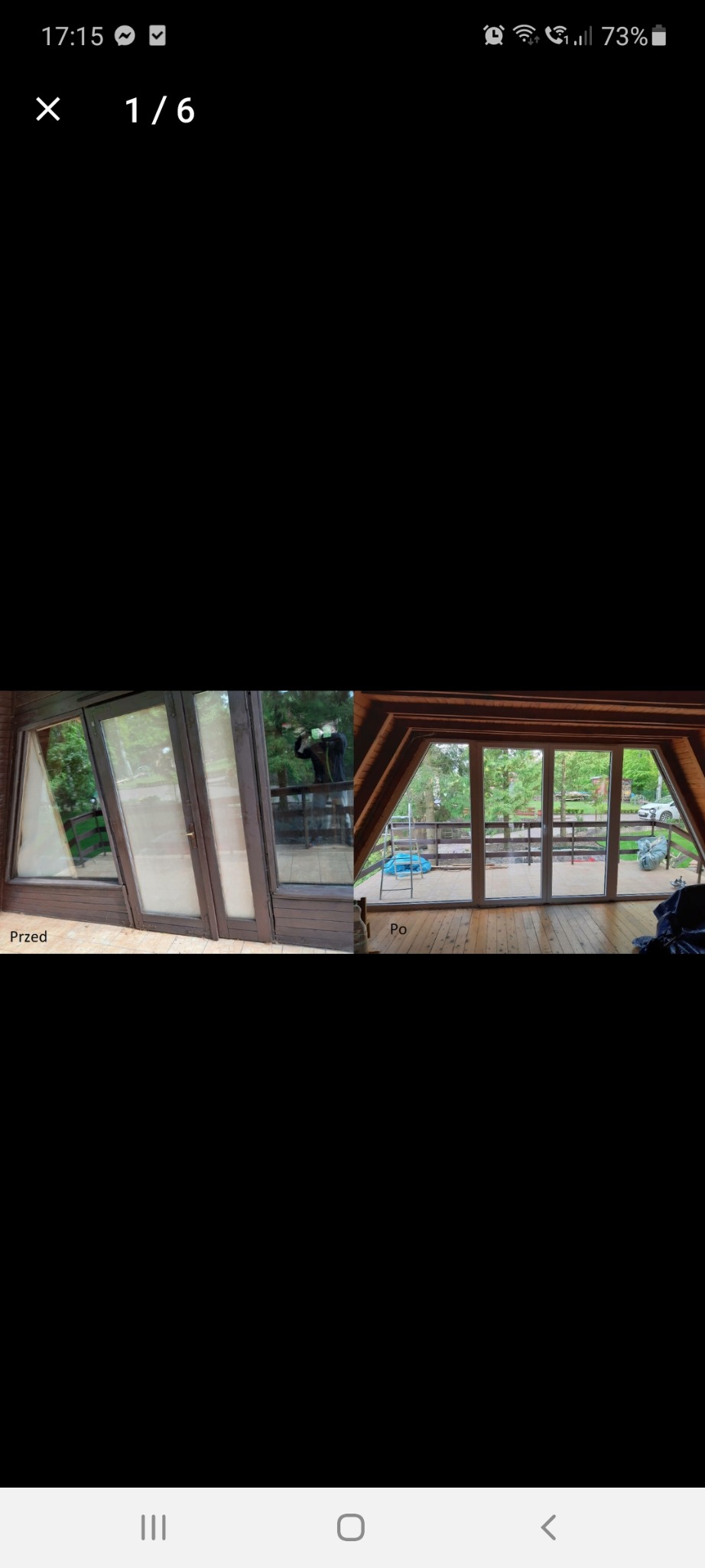 Porównanie przed i po wymiany okien balkonowych w domu z drewnianą konstrukcją dachu. Po lewej stronie stare, brązowe okna, po prawej nowe, białe okna z widokiem na zieleń.