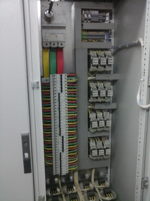 Otwarta szafa sterownicza z widocznymi przewodami w różnych kolorach (żółty, zielony, czerwony), listwami zaciskowymi i elementami automatyki.