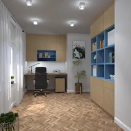 Nowoczesny pokój do pracy z parkietem w jodełkę, biurkiem z lampką, ergonomicznym krzesłem, drewnianymi szafkami z niebieskimi wnękami oraz roślinami w doniczkach.