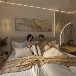 Studio Projektowe Joanna Piekarz - Jasna sypialnia z parą czytającą książkę w łóżku. Dekoracyjna ściana z kamienia, oświetlenie LED, beżowa narzuta i drewniane szafki nocne dodają przytulności.