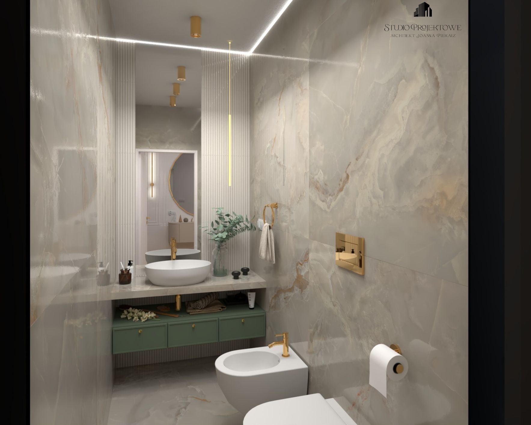 Elegancka łazienka z marmurowymi płytkami, zieloną szafką pod umywalką i złotymi akcentami, odbicie lustrzane pokazuje dalszą część pomieszczenia.