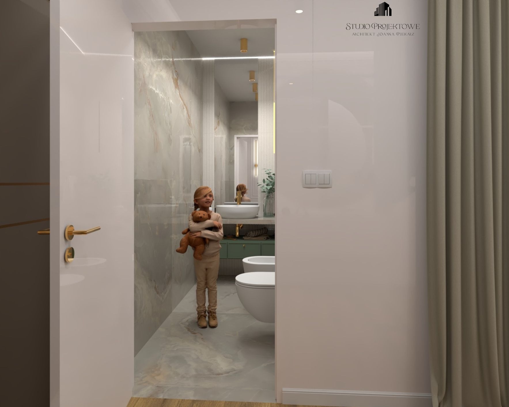 Wnętrze łazienki w odcieniach bieli i zieleni, z marmurowymi płytkami i złotymi akcentami. Dziewczynka z pluszowym misiem stoi w wejściu. Widoczne logo projektanta.
