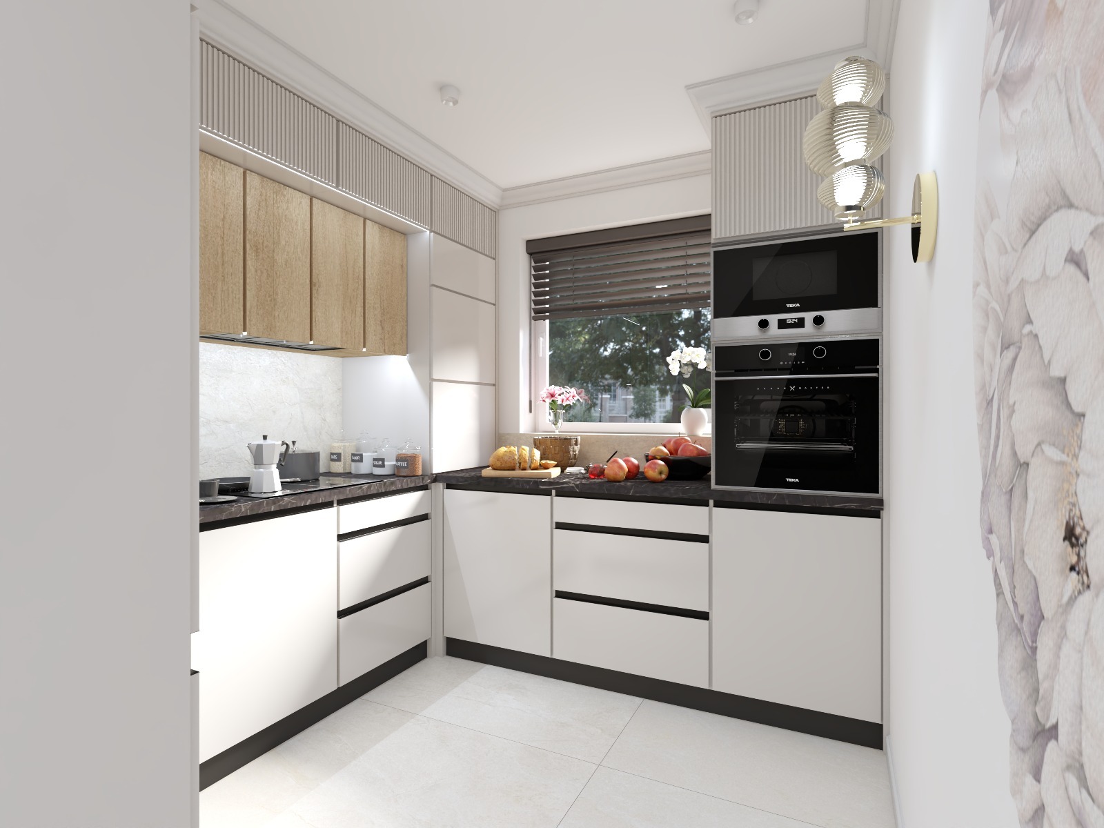 Nowoczesna kuchnia z białymi szafkami, czarnym blatem i drewnianymi akcentami. Widoczne owoce, pieczywo i ekspres do kawy. Okno z żaluzjami w tle.