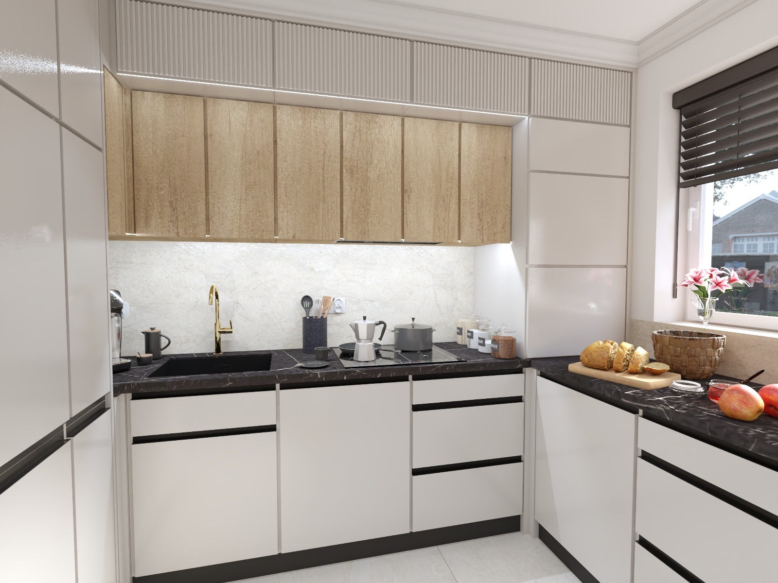 Nowoczesna kuchnia z białymi szafkami i blatem z czarnego marmuru. Drewniane szafki wiszące, złota bateria, okno z żaluzjami i kwiatami. Minimalistyczny design.