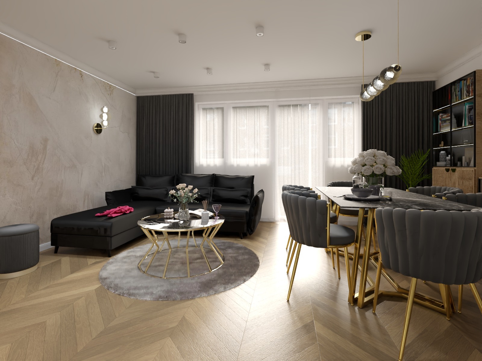 Elegancki salon z czarną sofą narożną, stolikiem kawowym ze złotymi nogami i jadalnią z krzesłami w stylu glamour. Parkiet w jodełkę, marmurowa ściana i designerskie lampy.