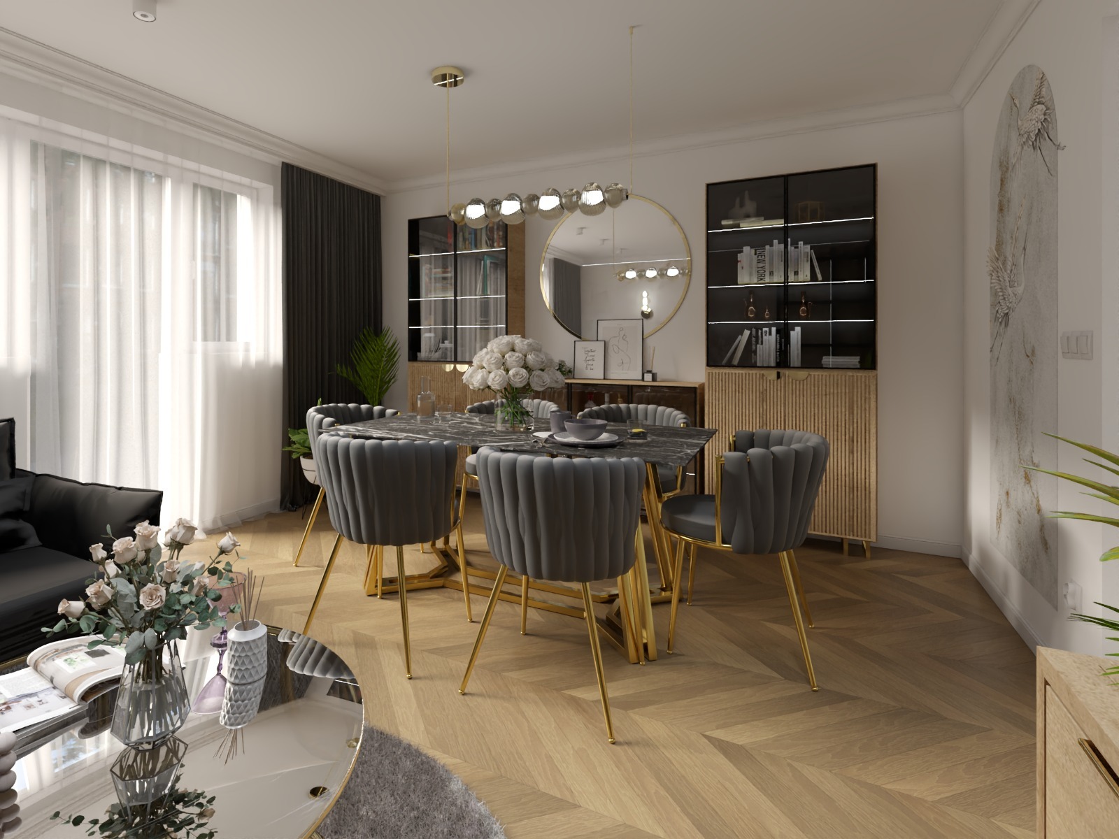 Elegancka jadalnia z marmurowym stołem, szarymi krzesłami na złotych nogach i parkietem w jodełkę. Lustro w złotej ramie i kwiaty dopełniają aranżację.