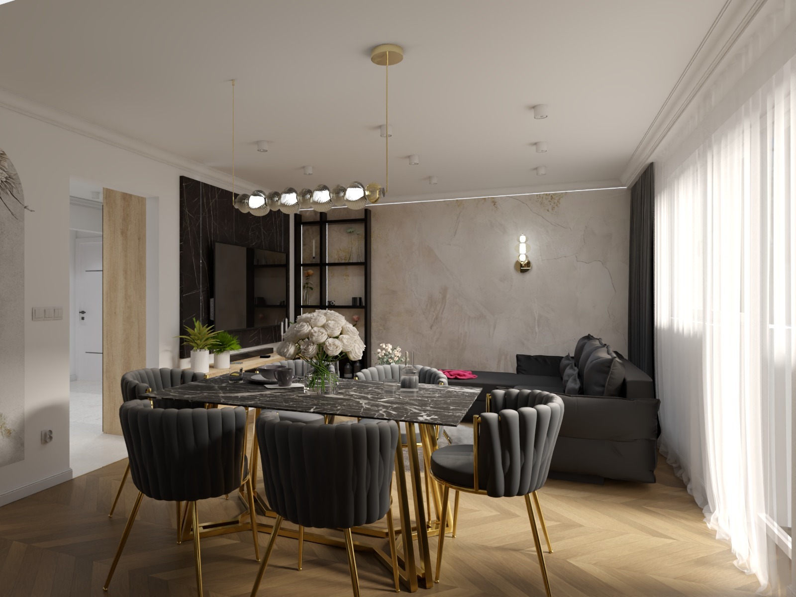 Elegancka jadalnia z marmurowym stołem, welurowymi krzesłami na złotych nogach i designerską lampą. W tle salon z sofą i dekoracyjną ścianą.