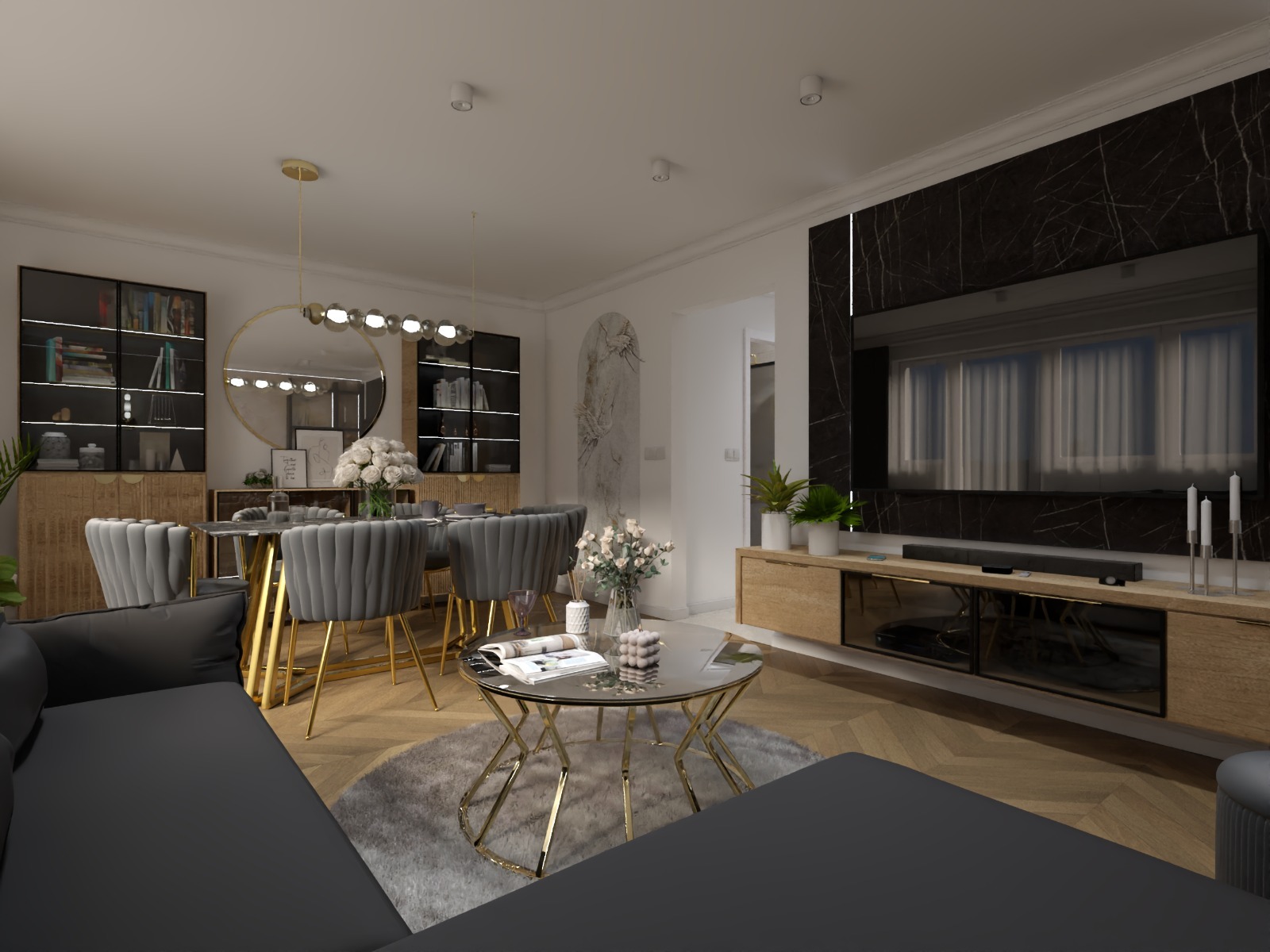 Eleganckie wnętrze salonu z jadalnią: szary narożnik, okrągły stolik kawowy na dywanie, stół z krzesłami i dekoracyjna ściana TV z marmuru. Nowoczesny design.