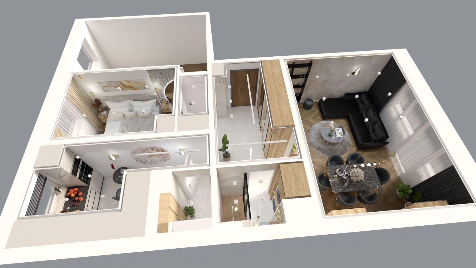 Widok z góry na wizualizację 3D mieszkania: sypialnia z łazienką, salon z jadalnią, kuchnia z balkonem. Nowoczesny design, jasne kolory, drewniane akcenty, czarne meble w salonie.