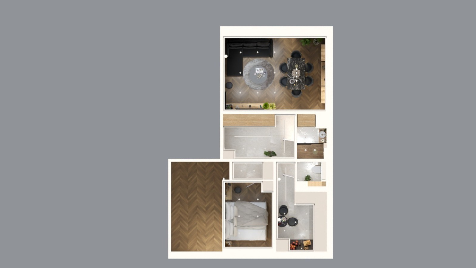 Plan mieszkania z góry w Jedlno drugie. Widoczny salon z jadalnią, kuchnia, sypialnia i łazienka. Parkiet w jodełkę w sypialni, ciemna sofa w salonie, okrągły stół w jadalni.