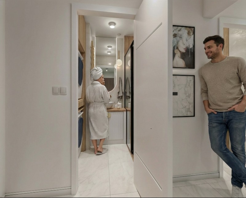 Nowoczesna łazienka z oświetlonym lustrem i pralką w zabudowie. Kobieta w szlafroku i turbanie oraz mężczyzna oparty o ścianę. Minimalistyczny design, jasne kolory.