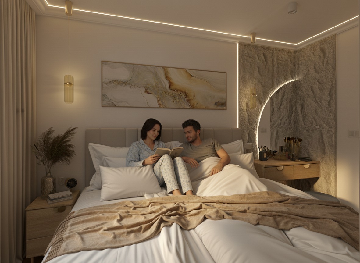 Jasna sypialnia z parą czytającą książkę w łóżku. Dekoracyjna ściana z kamienia, oświetlenie LED, beżowa narzuta i drewniane szafki nocne dodają przytulności.