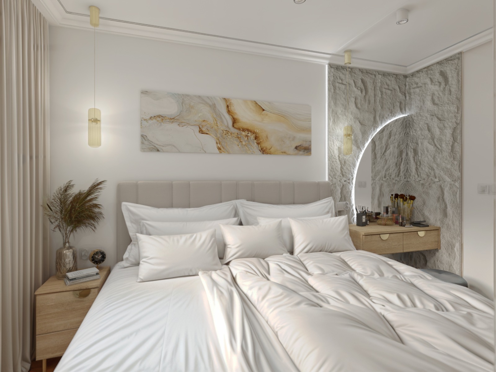 Jasna sypialnia z łóżkiem, beżowym zagłówkiem i toaletką z lustrem w kształcie łuku. Na ścianie abstrakcyjny obraz w odcieniach beżu i brązu. Minimalistyczny design.