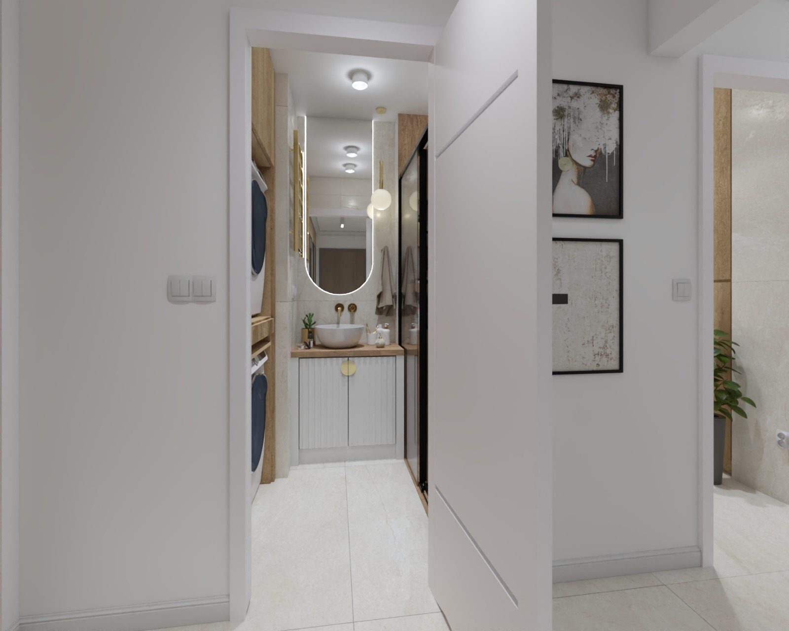 Nowoczesna łazienka z pralką w zabudowie, lustrem z podświetleniem LED i minimalistyczną umywalką nablatową. Jasne płytki podłogowe i białe ściany. Dekoracyjne obrazy na ścianie.