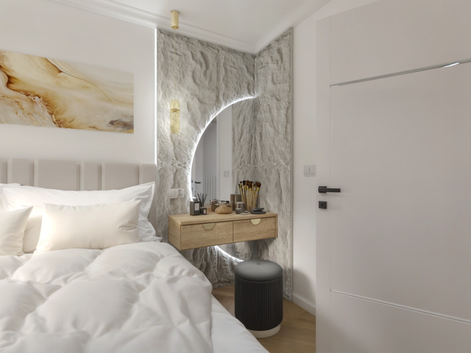 Nowoczesna sypialnia z toaletką z lustrem podświetlonym LED, kamienną ścianą i beżowym łóżkiem. Minimalistyczny design, ciepłe oświetlenie, eleganckie wykończenie.