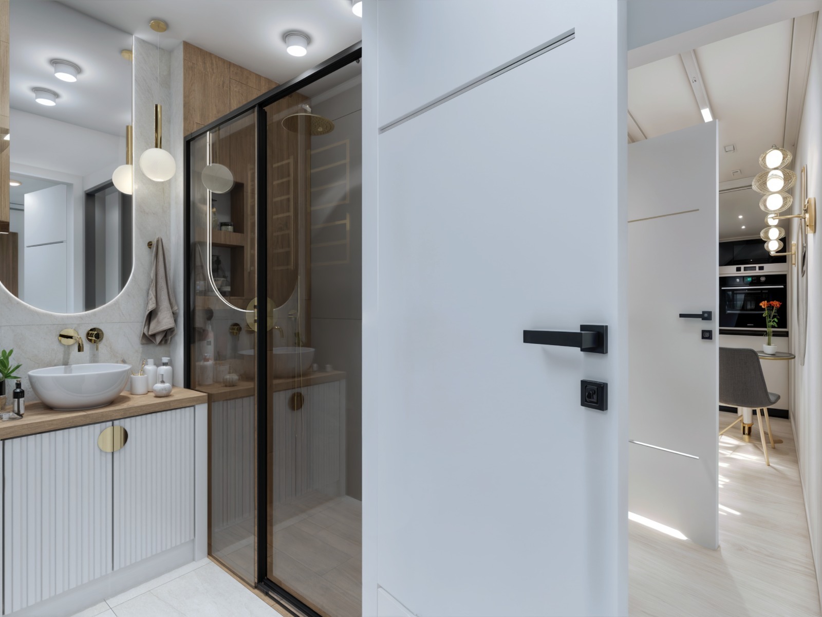 Nowoczesna łazienka z kabiną prysznicową typu walk-in, umywalką na blacie i okrągłym lustrem. W tle widoczny fragment kuchni z krzesłem i oświetleniem.