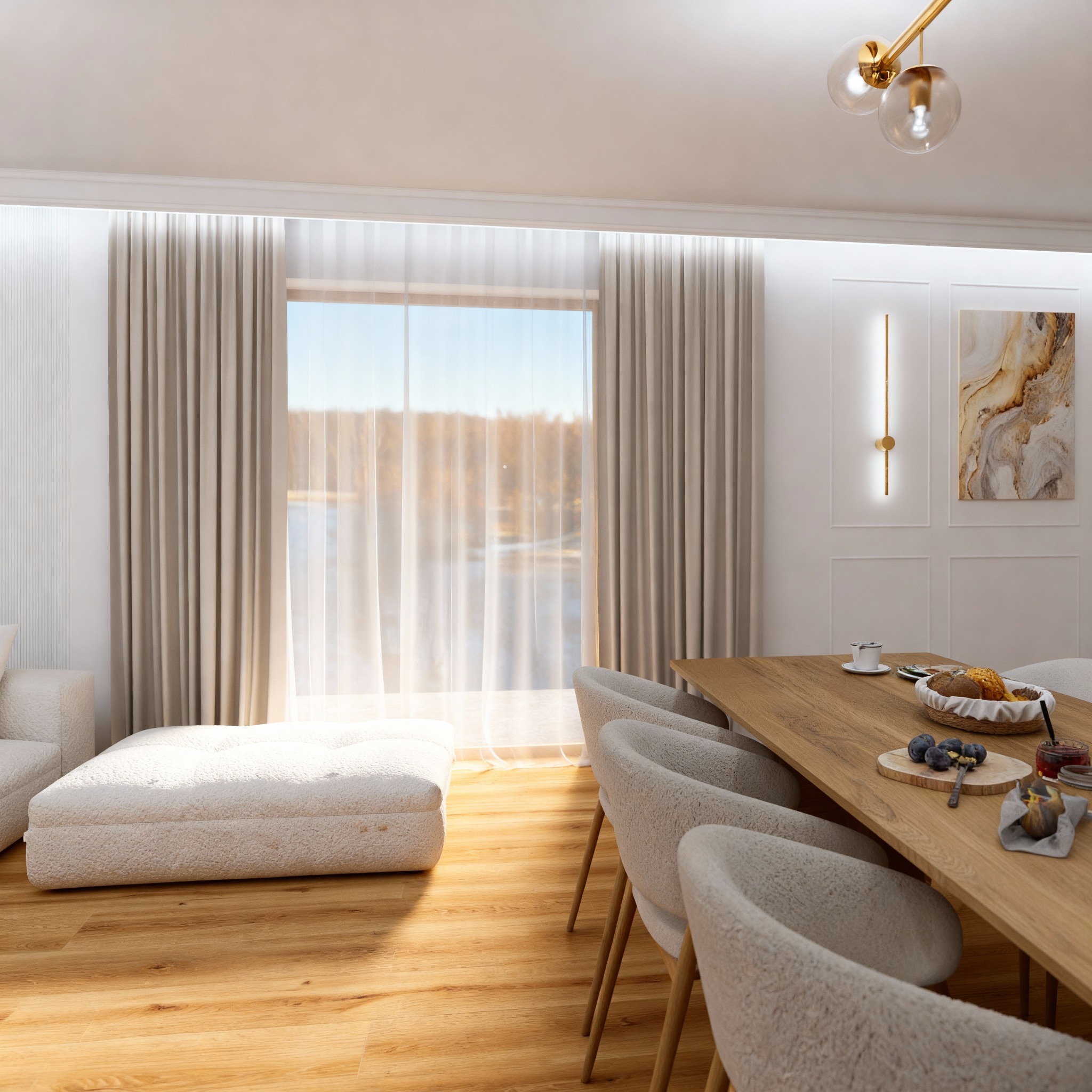Jasne wnętrze jadalni z drewnianym stołem, krzesłami z pluszową tapicerką i widokiem na jezioro przez okno z beżowymi zasłonami. Minimalistyczny design, ciepłe oświetlenie.