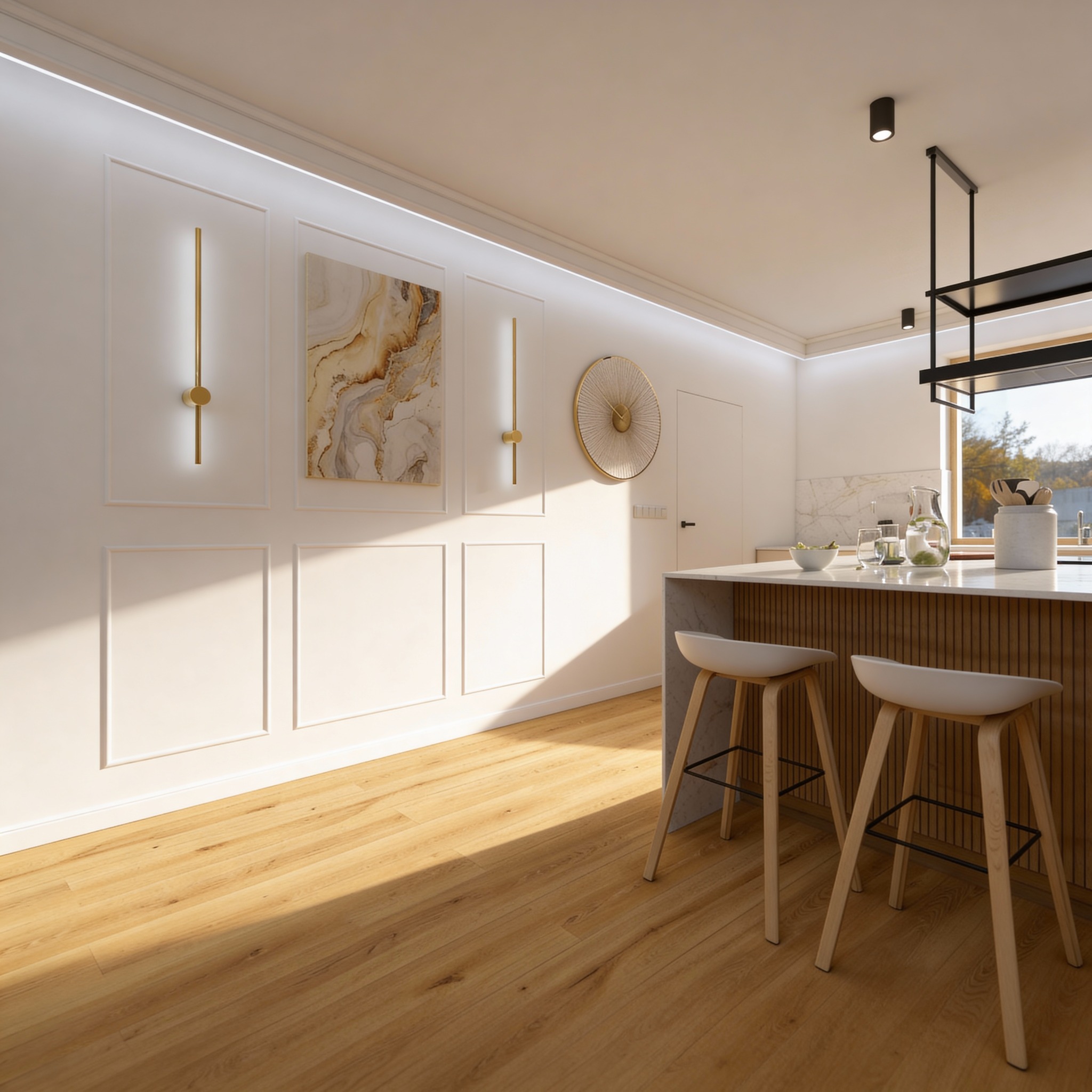 Nowoczesna kuchnia z wyspą i hokerami. Ściana zdobiona sztukaterią, oświetleniem i obrazem. Parkiet z naturalnego drewna. Minimalistyczny design z akcentami złota.