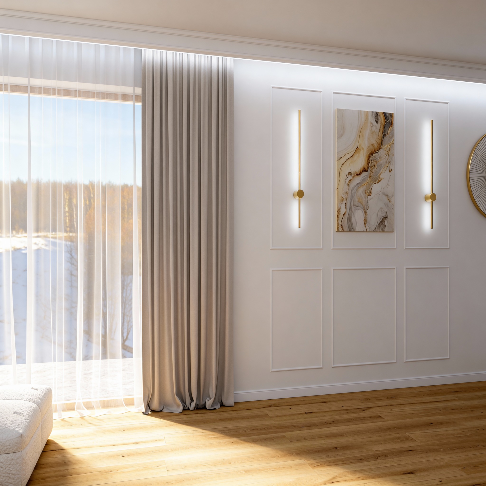 Eleganckie wnętrze w Jedlno drugie: parkiet, dekoracyjne panele ścienne, złote lampy i abstrakcyjny obraz. Okno z widokiem na zimowy krajobraz.