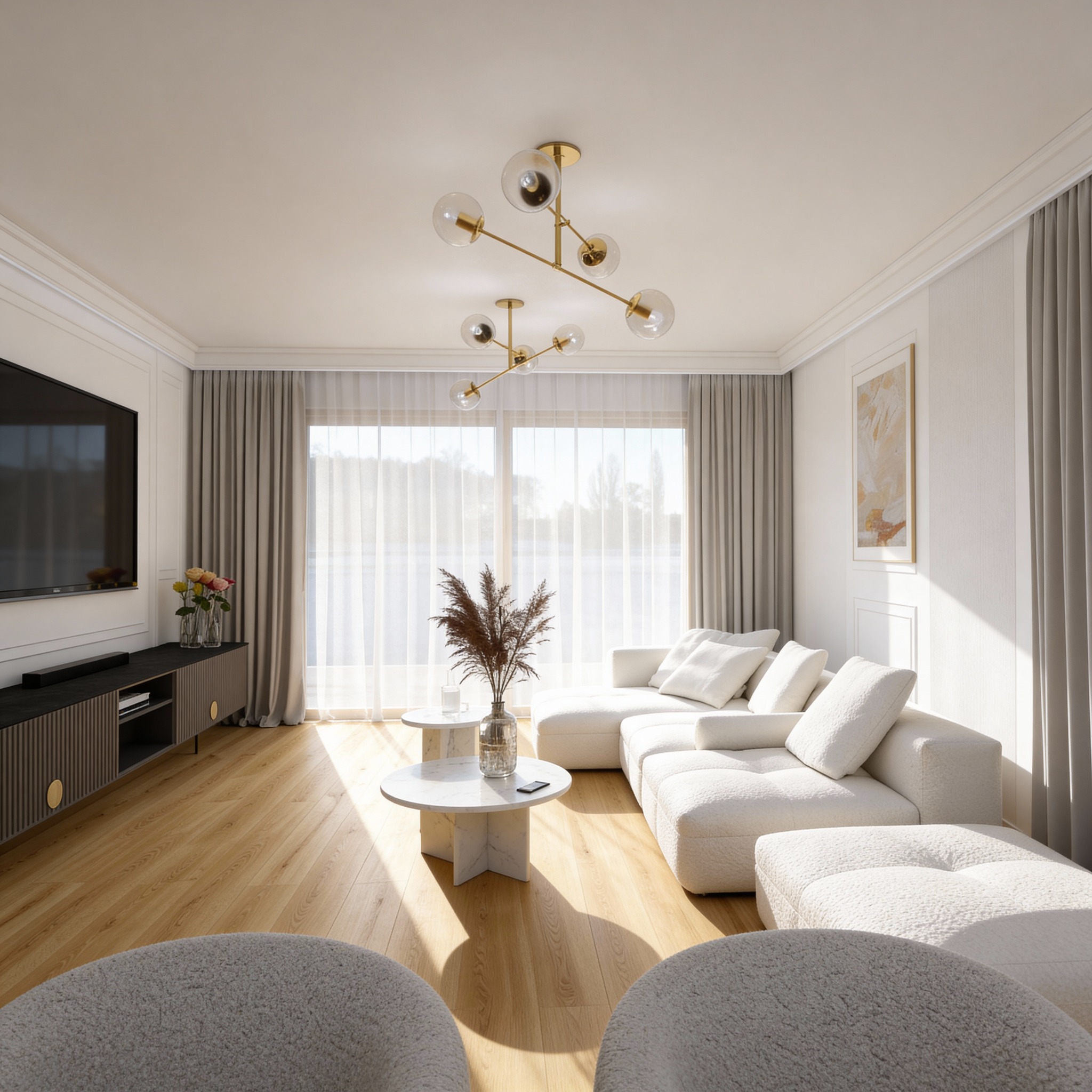Jasny salon z białym narożnikiem, drewnianą podłogą i nowoczesnym oświetleniem. Widok na okno z zasłonami i elementami dekoracyjnymi. Dwie pufy na pierwszym planie.