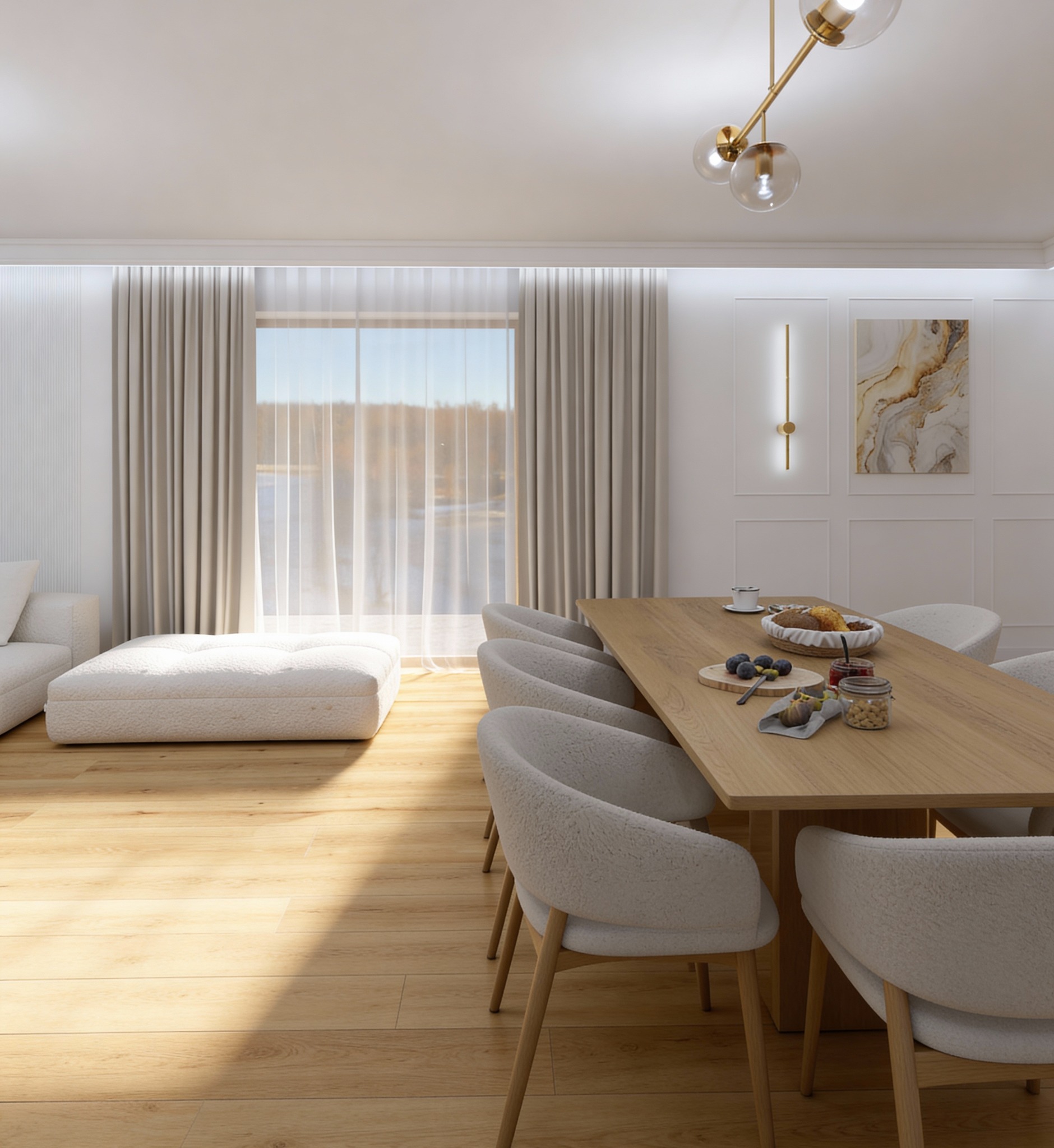 Jasne wnętrze jadalni z drewnianym stołem, krzesłami z miękkim obiciem i dekoracyjnym oświetleniem. W tle okno z widokiem na zewnątrz i minimalistyczny wystrój.