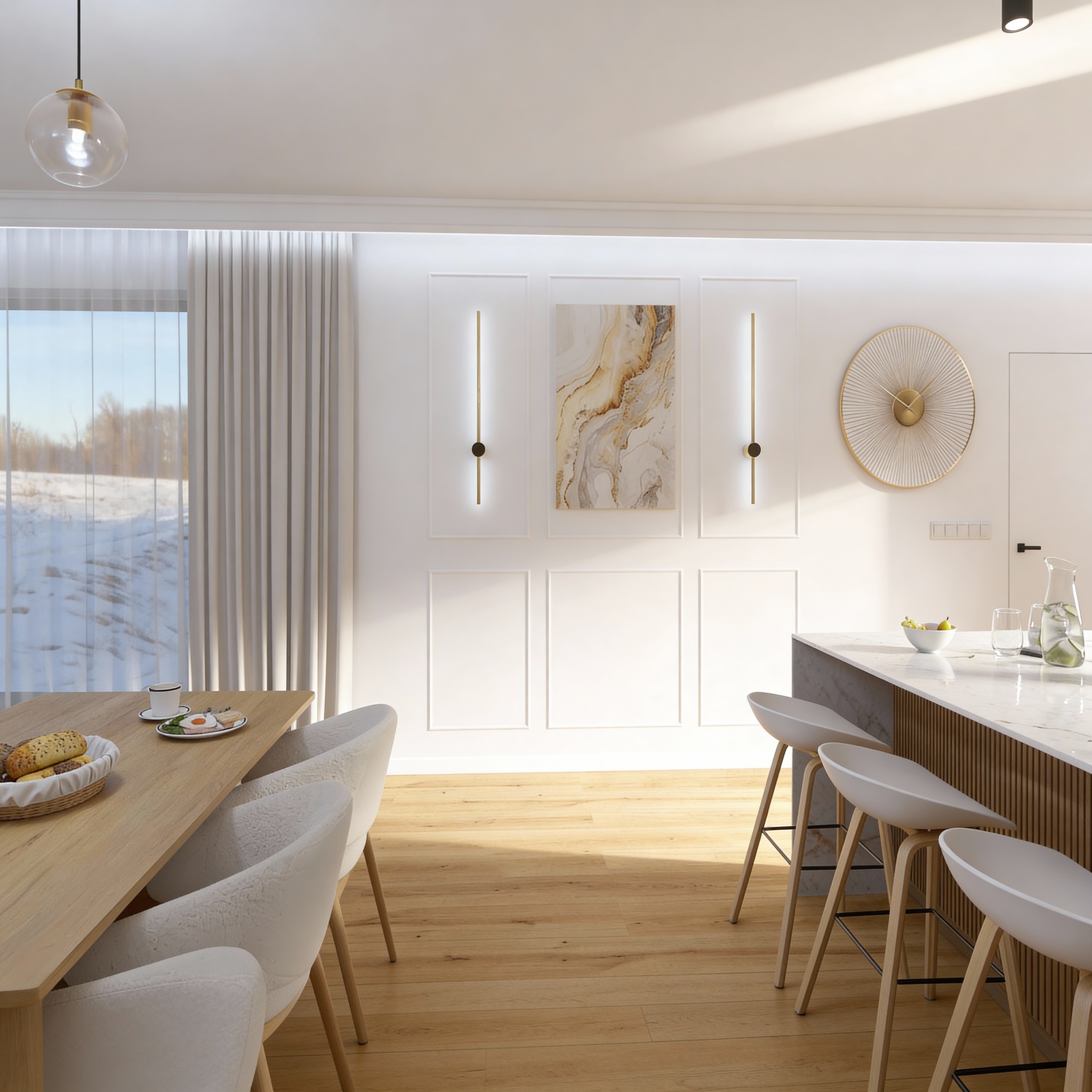 Jasna, nowoczesna jadalnia z drewnianym stołem, białymi krzesłami i wyspą kuchenną. Minimalistyczne oświetlenie i dekoracje. Za oknem zimowy krajobraz.