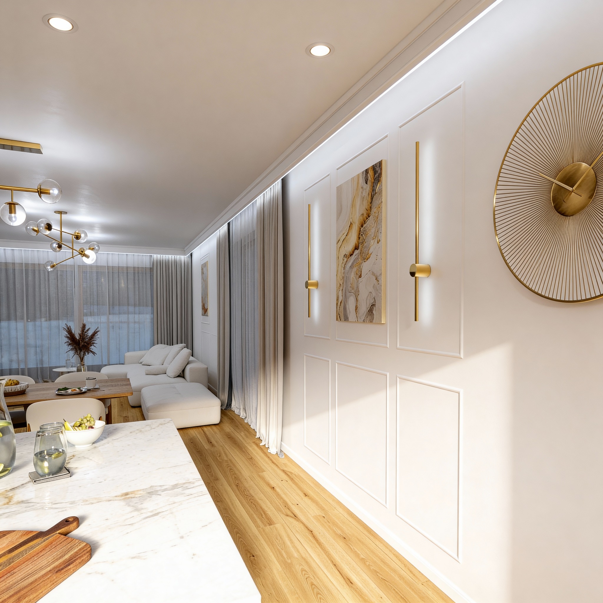 Eleganckie wnętrze: marmurowy blat, drewniana podłoga, biała sofa i złote akcenty (lampa, zegar). Nowoczesny design z dbałością o detale i oświetlenie.