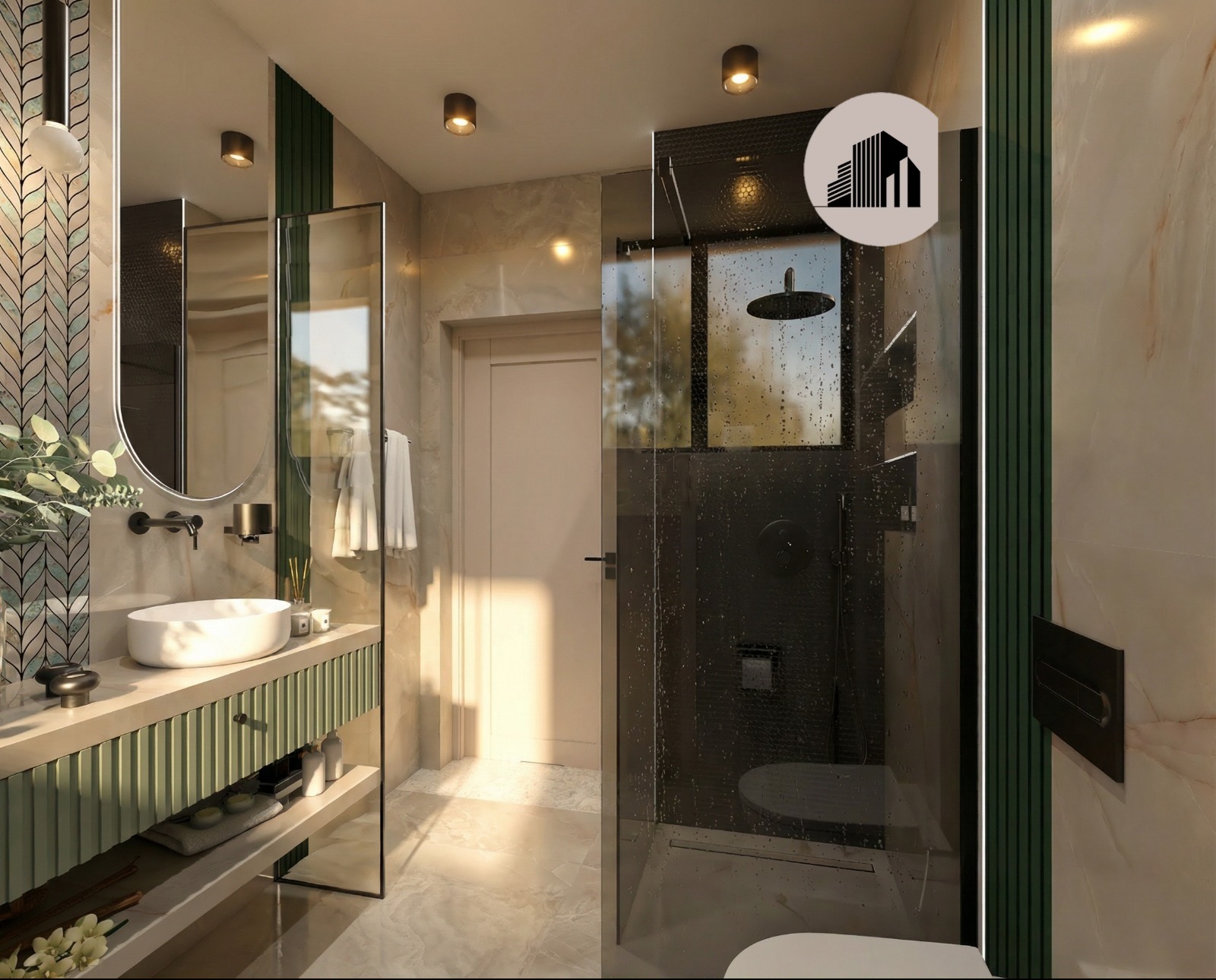 Nowoczesna łazienka z kabiną prysznicową typu walk-in, umywalką nablatową na szafce z lamelami i lustrem. Marmurowe ściany i oświetlenie punktowe.