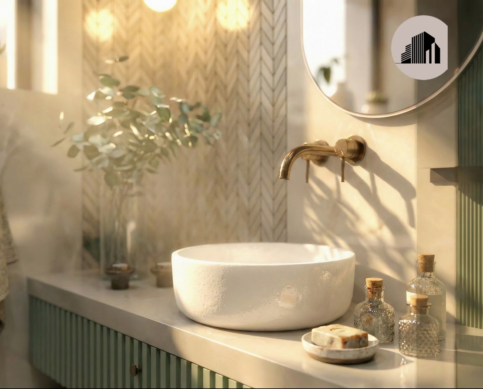 Nowoczesna łazienka z okrągłą umywalką nablatową, złotą armaturą i dekoracyjną ścianą w jodełkę, oświetlona ciepłym światłem.