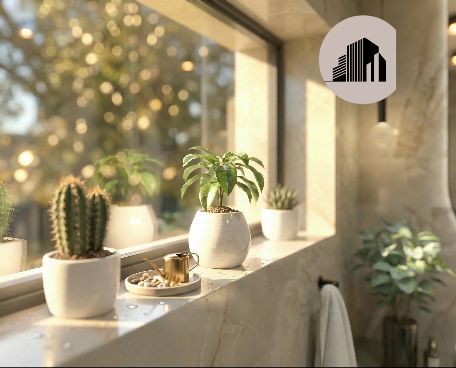 Jasna łazienka z marmurowymi ścianami, gdzie na parapecie okiennym stoją doniczki z roślinami, a w tle widać rozmyte drzewa i światło słoneczne.