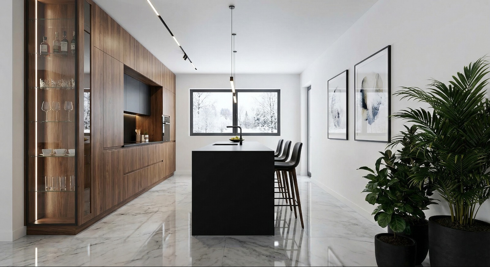 Nowoczesna kuchnia z wyspą i marmurową podłogą. Drewniane szafki z podświetleniem, czarne hokery i minimalistyczne obrazy na ścianie. Za oknem zimowy krajobraz.
