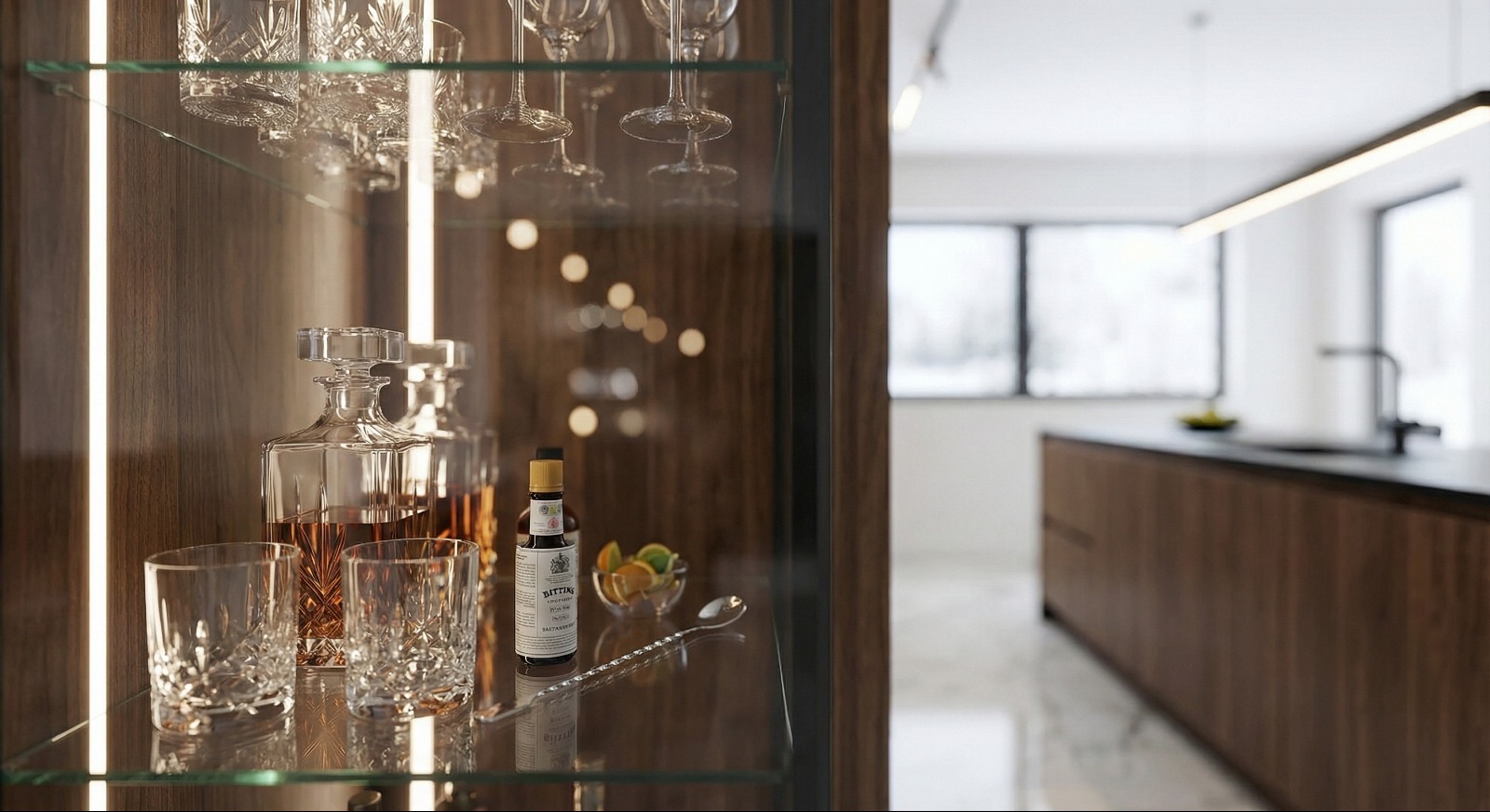 Nowoczesna kuchnia z drewnianą zabudową i szklaną witryną, w której znajdują się kryształowe naczynia i butelka alkoholu. Minimalistyczny design, jasne wnętrze.