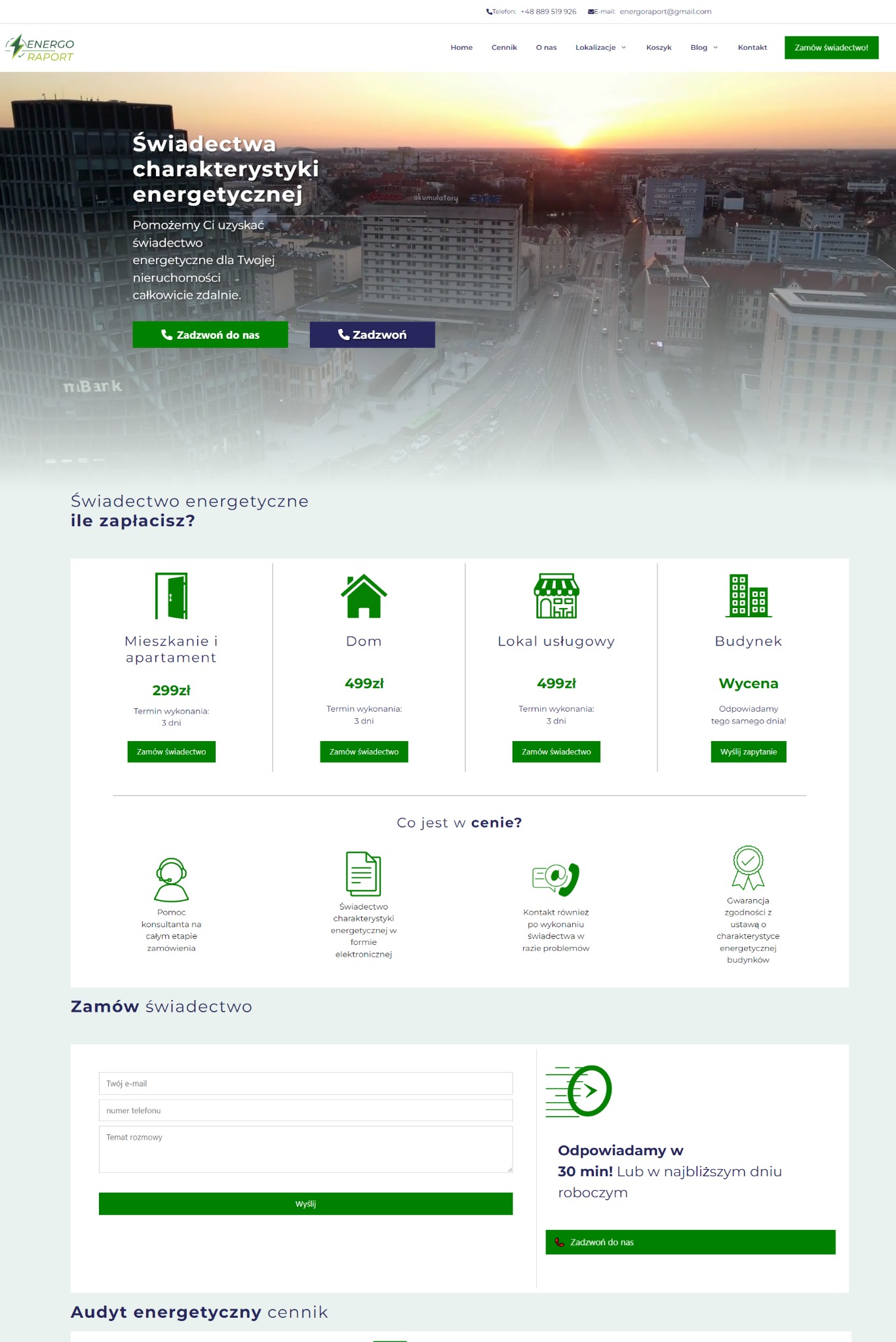 Strona internetowa firmy energoraport.pl z ofertą świadectw charakterystyki energetycznej dla różnych typów nieruchomości, z widokiem na panoramę miasta w tle.