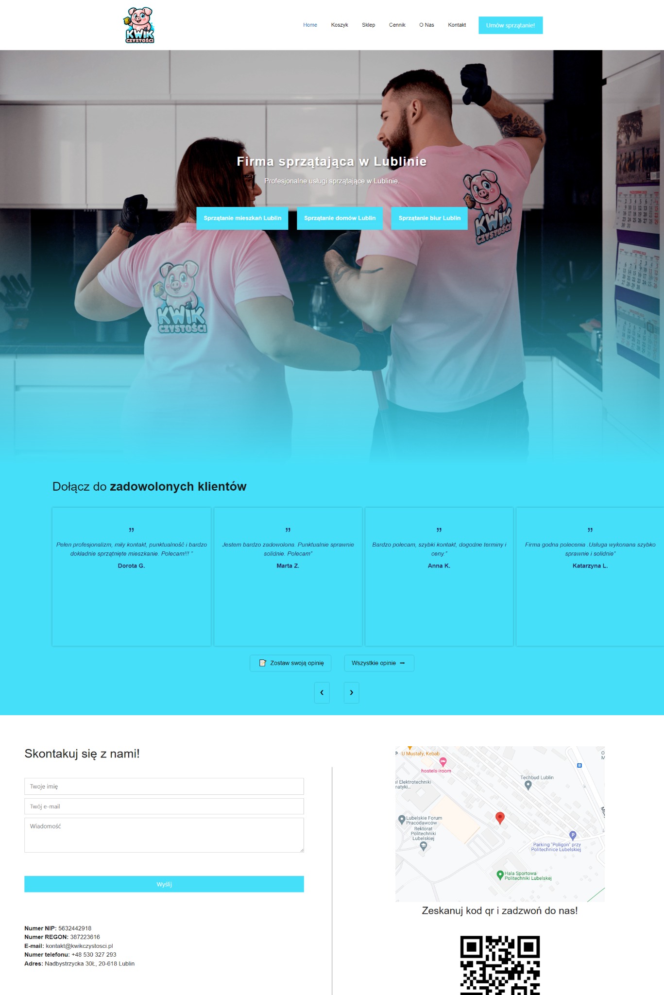 Strona internetowa firmy sprzątającej z Lublina, prezentująca profesjonalne usługi sprzątania mieszkań, domów i biur, z widocznym logo firmy na koszulkach pracowników i kalendarzem na ścianie w tle.