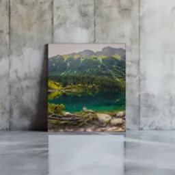 Wydruk krajobrazu górskiego jeziora w ramie, oparty o betonową ścianę z widocznym odbiciem na podłodze.