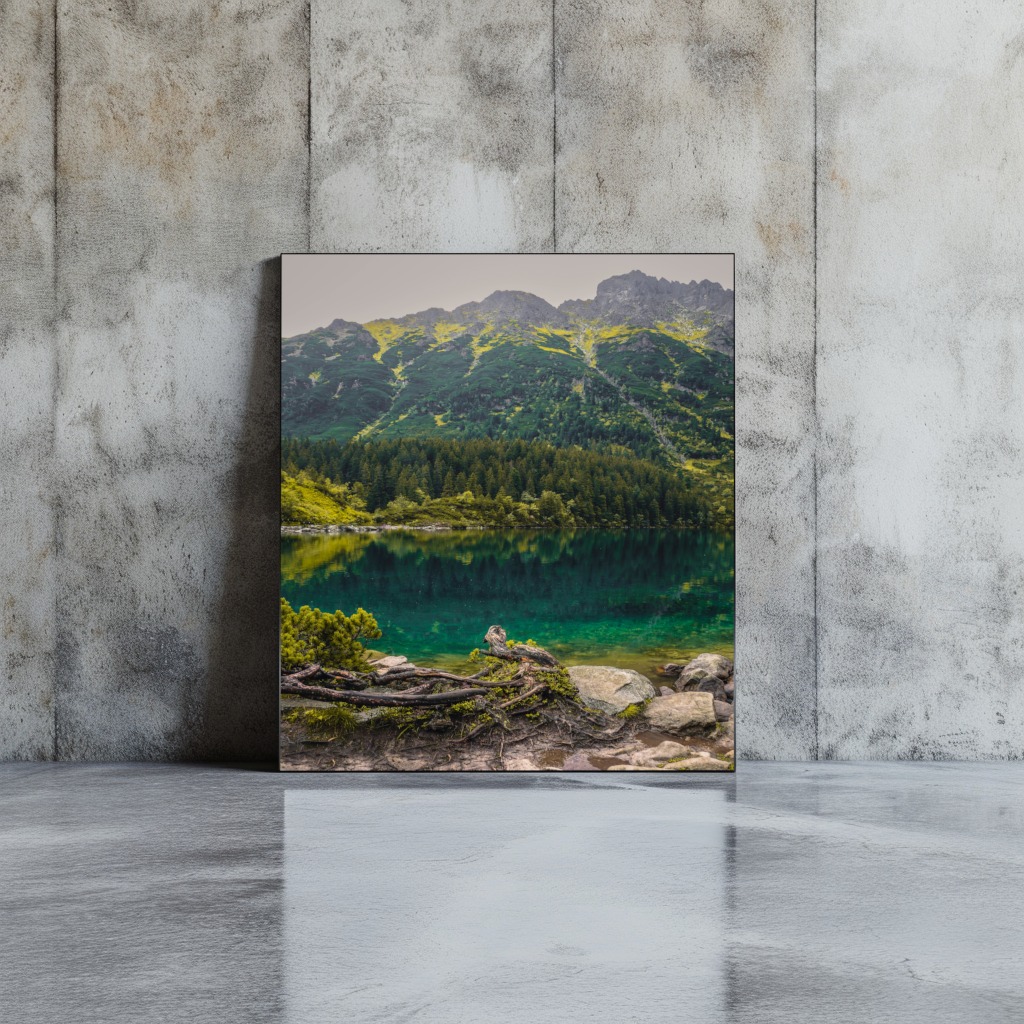 Wydruk krajobrazu górskiego jeziora w ramie, oparty o betonową ścianę z widocznym odbiciem na podłodze.