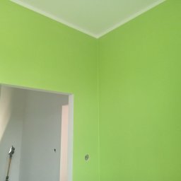 Usługi ogólnobudowlane Jakub Bochnia - Ściana w odcieniu świeżej zieleni w Świdnicy, pomalowana z precyzją, widoczny fragment sufitu z listwą oraz wejście do pomieszczenia w trakcie prac wykończeniowych.