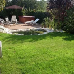 Trawnik z rolki i oczko wodne